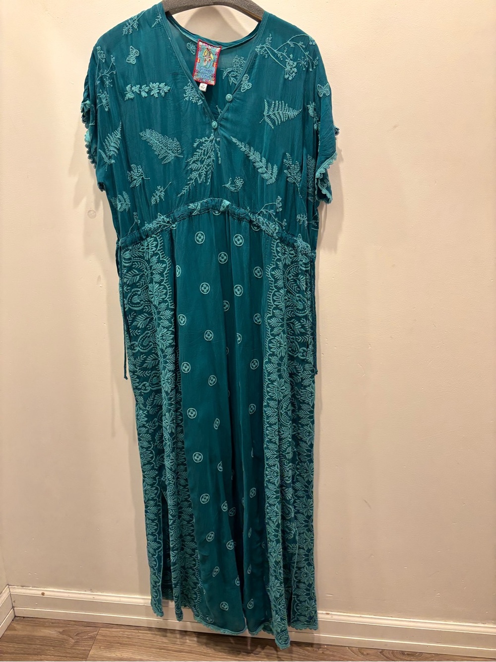 Johnny Was Teal Embroidered V-Neck Dress